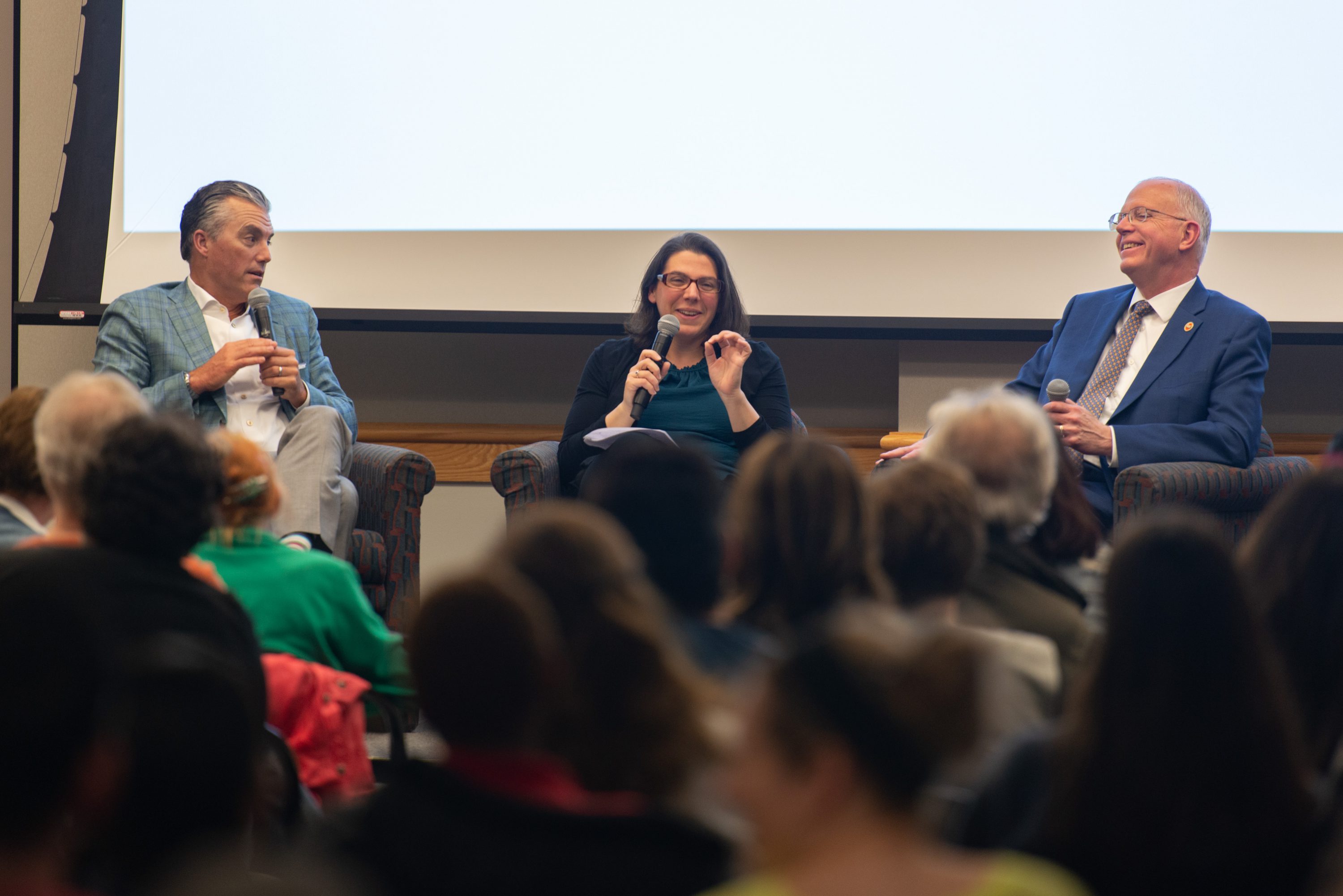 From left to right, Eric Berridge, Amanda Roth, and David C. Munson speak at the May 2019 Monroe Community College Institute for the Humanities.