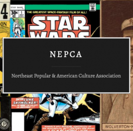 The NEPCA logo, white writing of "NEPCA" atop a black background with various items of Americana in the background.