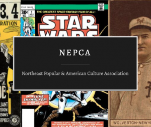 The NEPCA logo, white writing of "NEPCA" atop a black background with various items of Americana in the background.