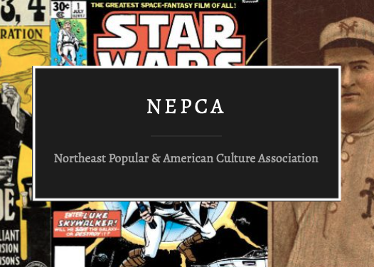 The NEPCA logo, white writing of "NEPCA" atop a black background with various items of Americana in the background.